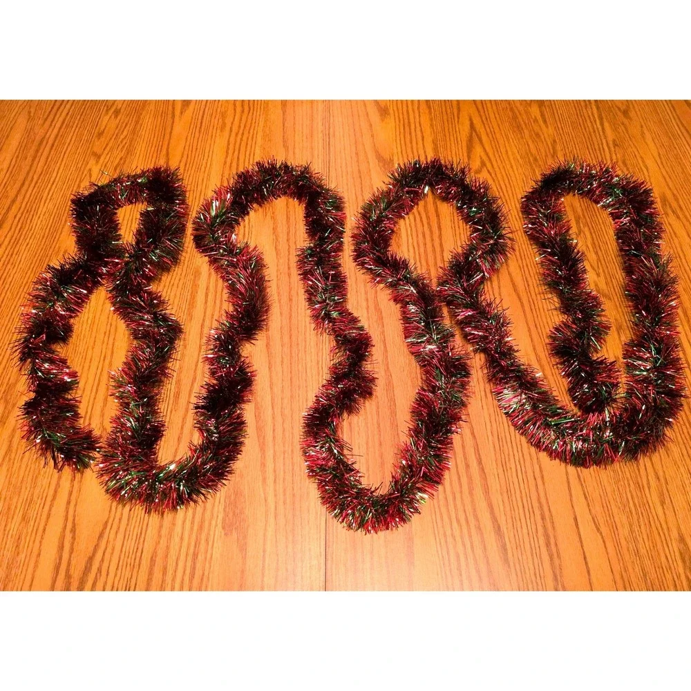 Christmas Tinsel Garland Red Green Metallic Holiday Decor, Excellent Condition